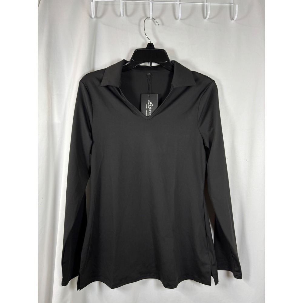Lovruby Womens Black Long Sleeve V-Neck Polo Collar Top Size Small NWT